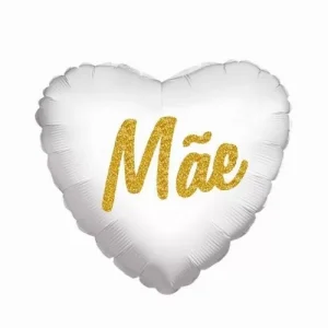 Balão Foil Coração Branco Mãe c/glitter dourado