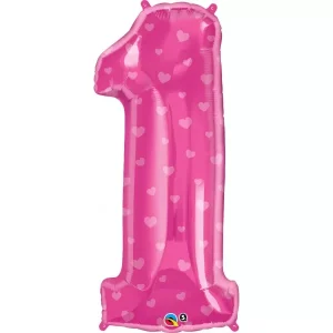 Balão Foil Rosa com Corações Nº 1 38″/96cm