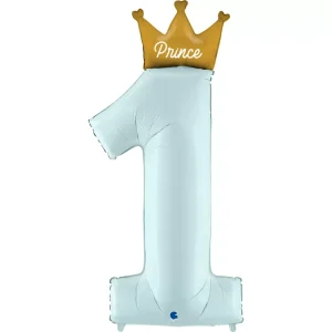 Balão Foil Azul c/ coroa Dourada Prince nº1
