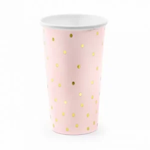 Copos Rosa bebé c/ Bolas Douradas 6 Unidades