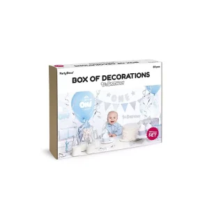 Caixa Kit 1St Birthday Prata e Azul 33pcs