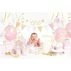Caixa Kit 1º Aniversário Rosa e Dourado 33pcs