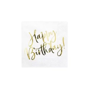Guardanapos Brancos Happy Birthday Dourado 20un