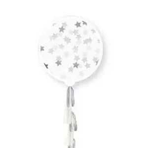Balão Látex Com Confettis Estrelas Prateadas e Tassel