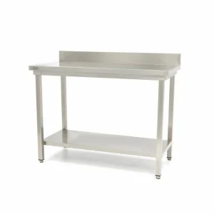 Mesa em Aço Inoxidável – 200 x 60 cm – Altura Ajustável – com Painel Traseiro e Prateleira de Arrumação