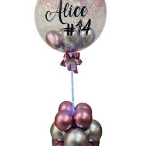 Balão Bubble Personalizado com Nome e Idade | Balão com Led e Base de Balões – Rosa e Prata