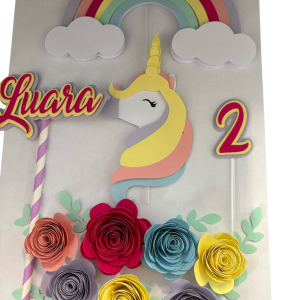 Topper de Bolo Personalizado – Tema Unicórnio Rosas